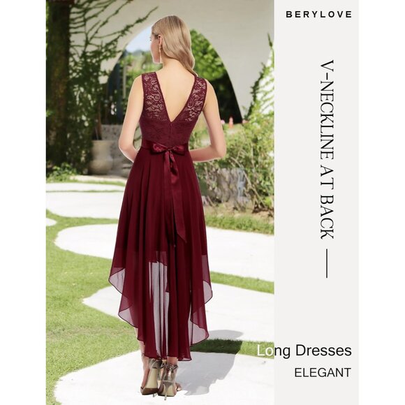 BeryLove Women Darkred Chiffon Scoop Neck Sleeveless Lace Cocktail Dress - Picture 3 of 7